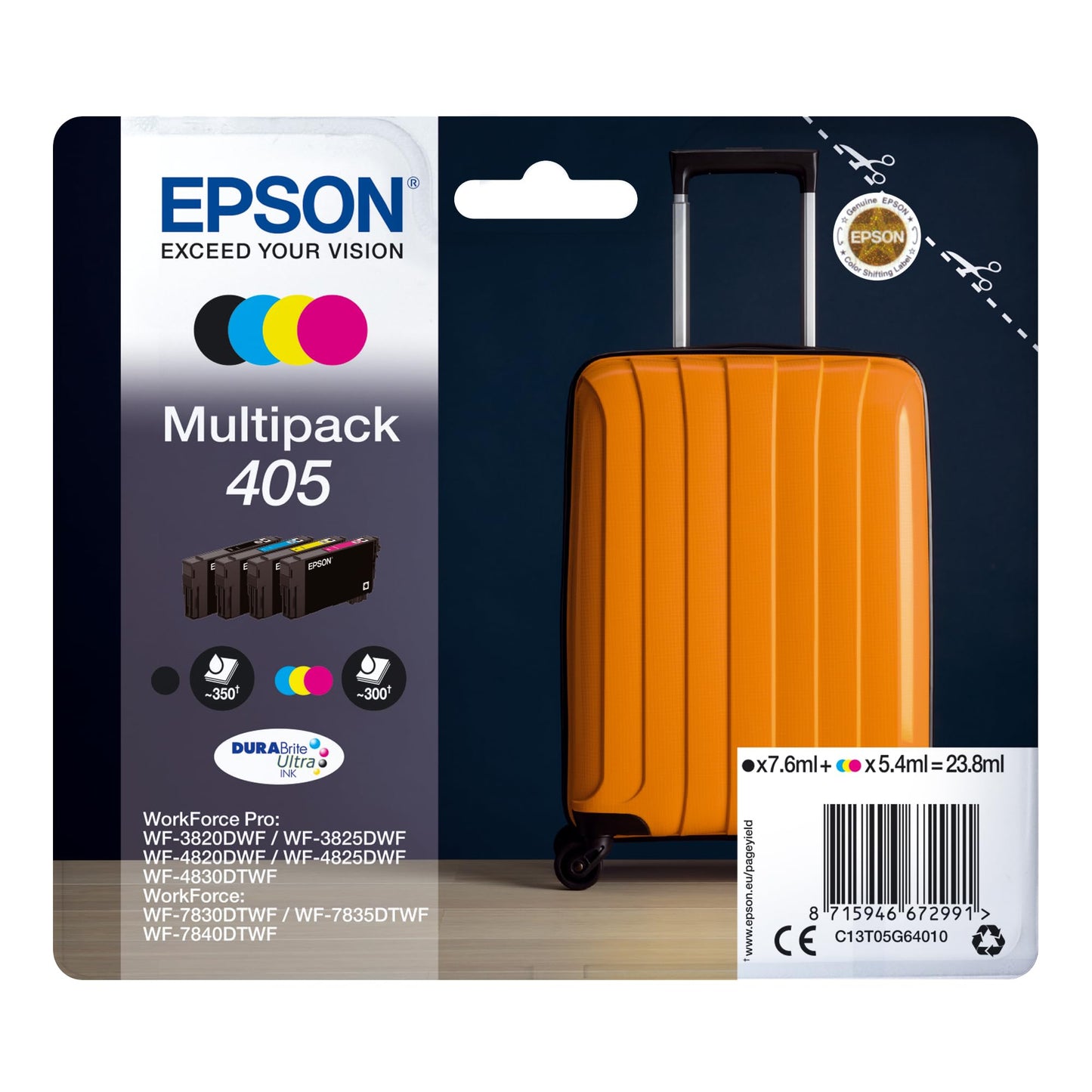 Epson 405 Tintes komplekts - 4 krāsu DURABrite Ultra Ink, saderīgs ar WF-3820DWF, WF-4820DWF, WF-7830DTWF.
