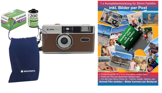 AgfaPhoto 35mm analogā kamera - brūna, ar krāsu filmu, bateriju un pilnu filmas attīstīšanu.