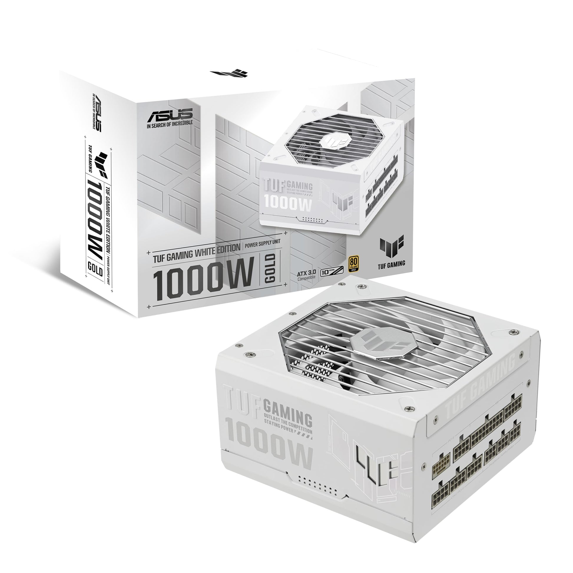 ASUS TUF Gaming 1000W Gold - Fully modular, ATX 3.0 compatible, Axial-tech fan, dual ball bearing, white PCB coating.