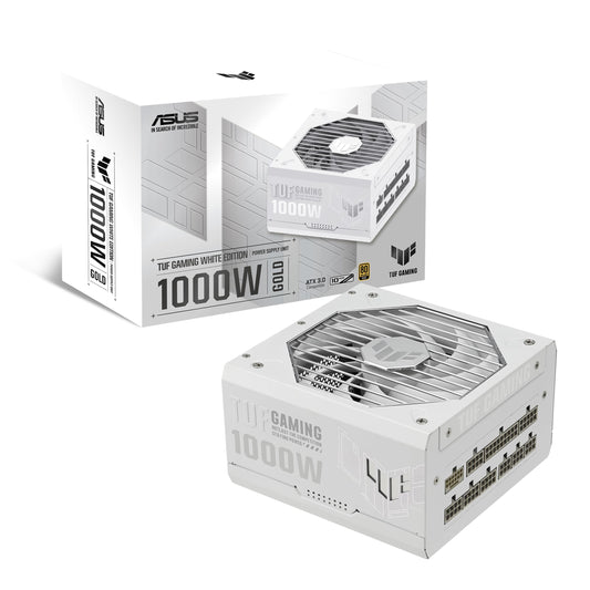 ASUS TUF Gaming 1000W Gold - Fully modular, ATX 3.0 compatible, Axial-tech fan, dual ball bearing, white PCB coating.