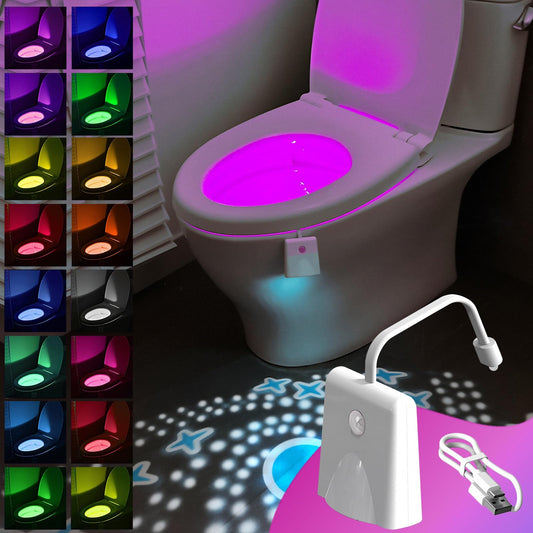 Kustību sensors tualetes nakts gaisma, WC sēdekļa apgaismojums, ūdensizturīga tualetes lampa ar 16 krāsām, uzlādējama ar USB, ar kustību sensoru, piemērota visām tualetēm