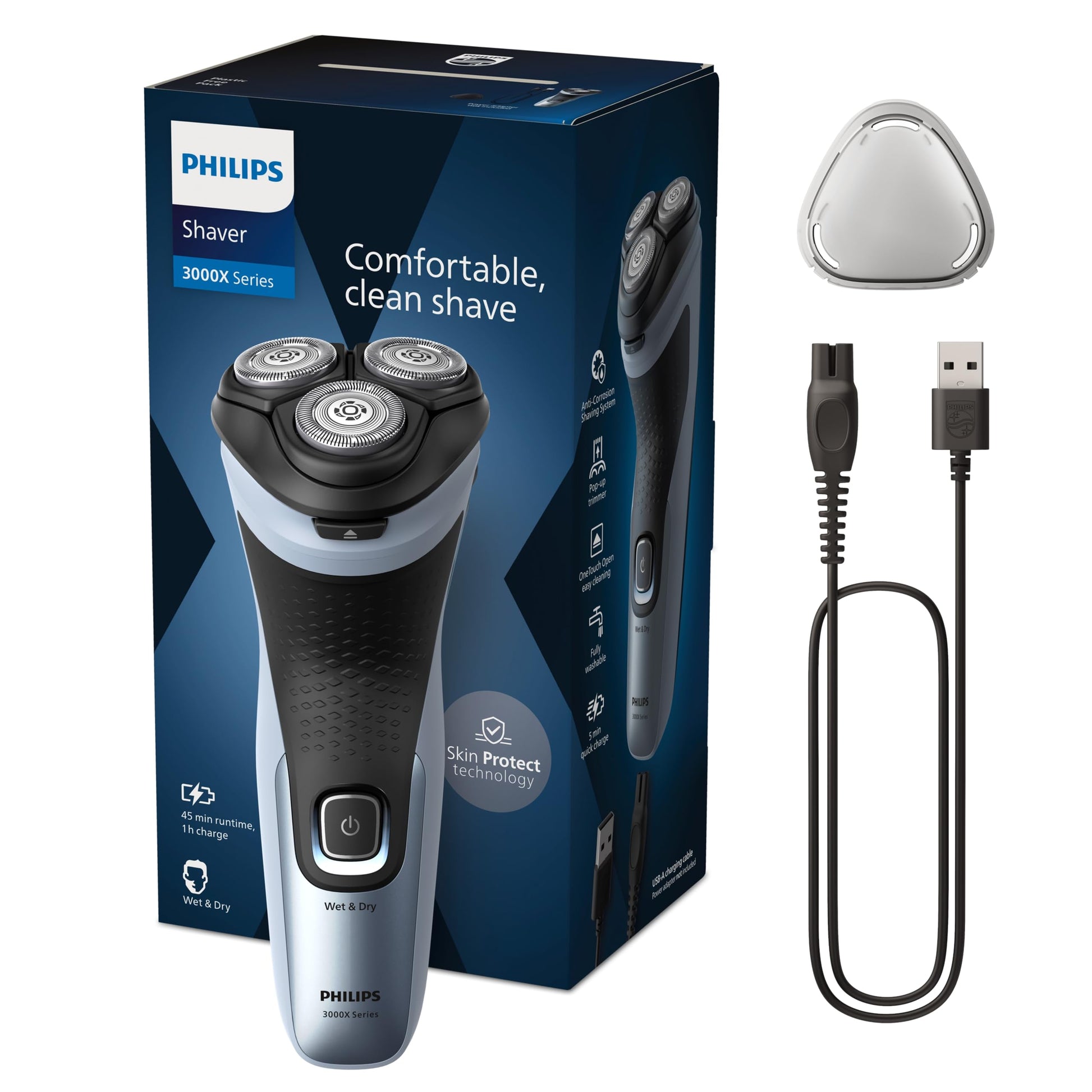 Philips Shaver Series 3000X – Elektriskais mitrās un sausās skūšanās skuveklis vīriešiem debeszilā krāsā, ar SkinProtect tehnoloģiju, izvelkamu bārdu trimmeri un ergonomisku rokturi (modelis X3053/00)