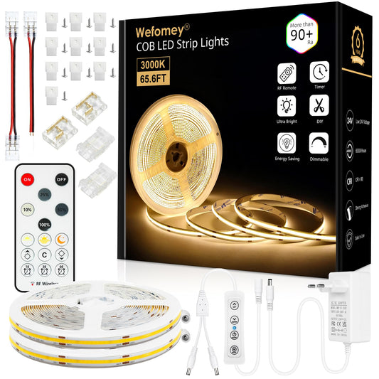 LED lente 20M, COB LED lente silti balta 3000K, 24V aptumšojama elastīga COB LED gaismas lente ar barošanas bloku un RF tālvadības pulti, CRI 90+