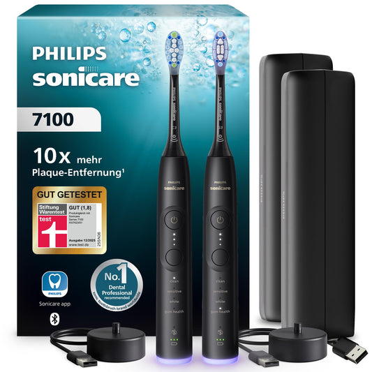 Philips Sonicare 7100 elektriskā zobu birste, skaņas zobu birste ar lietotni, 4 tīrīšanas režīmi, 3 intensitātes līmeņi, spiediena kontrole, EasyStart, SmarTimer, melna, 2 gab., modelis HX7429/03 [Jauna tehnoloģija]