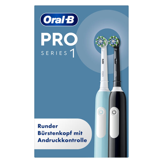 Oral-B Pro Series 1 Elektriskā zobu birste divu iepakojumā — Elektriskā zobu birste, iekļauj 2 uzgali — 3 tīrīšanas režīmi zobu kopšanai, elektriskā zobu birste, izstrādājusi Braun, zila un melna