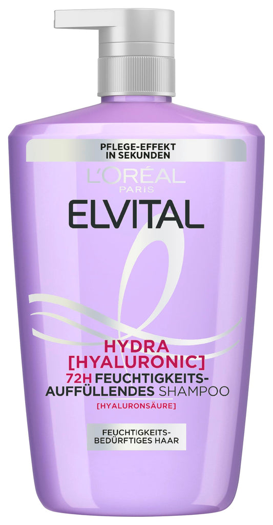 Šampūns L'Oréal Paris Elvital Hydra Hyaluronic mitrinošs XXXL matiem ar spīdumu, hialuronskābes šampūns mitruma pieplūdumam un aizsardzībai, ilgstošs mitrums un kopšana, 1000ml