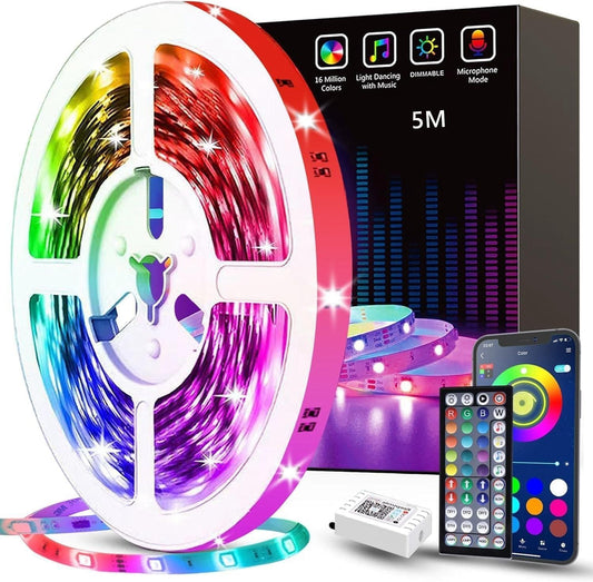 Tenmiro LED lente 5m, RGB LED lente ar mūzikas sinhronizāciju, pašlīmējoša LED virtene ar tālvadības pulti un lietotni, dimmējama krāsu maiņas LED lenta spēļu, ballīšu un istabas dekoram