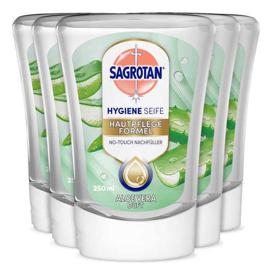 Šķidrās ziepes Sagrotan No-Touch Aloe Vera automātiskajam ziepju dozatoram, maiga roku tīrīšana, 5 x 250 ml