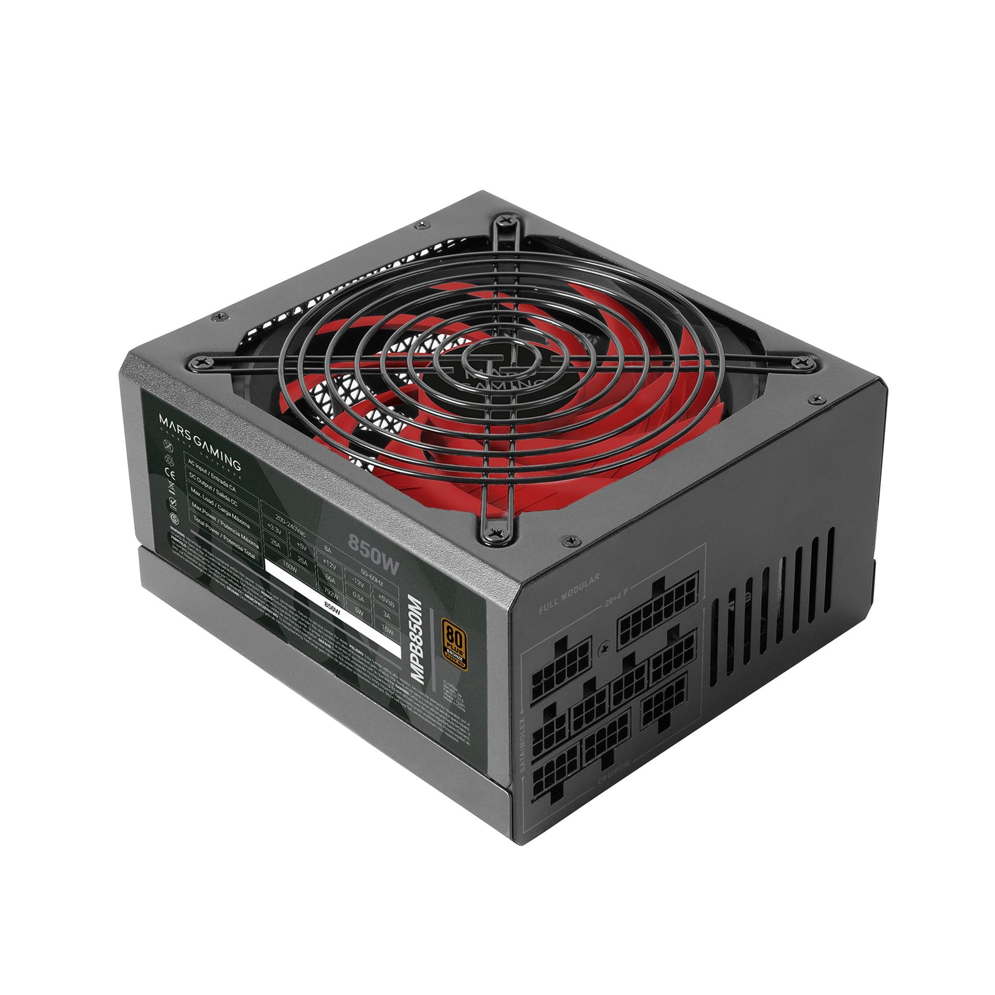 Mars Gaming MPB850M - modulārs ATX 850W barošanas bloks, 80Plus Bronze, klusa AI-RPM, 90% efektivitāte, melns