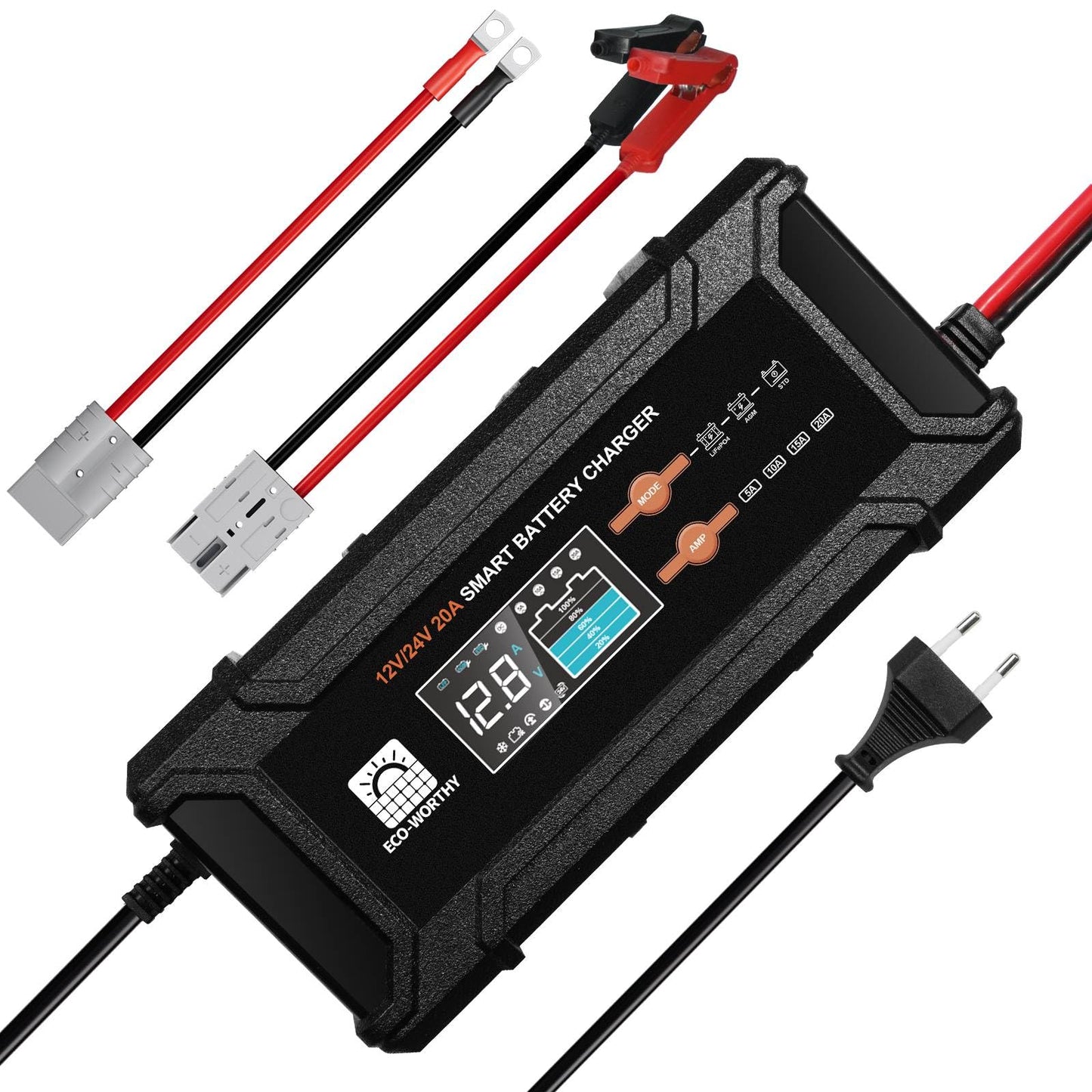 Akumulatora lādētājs ECO-WORTHY 12V/24V 20A LiFePO4 ar automātisku akumulatora noteikšanu