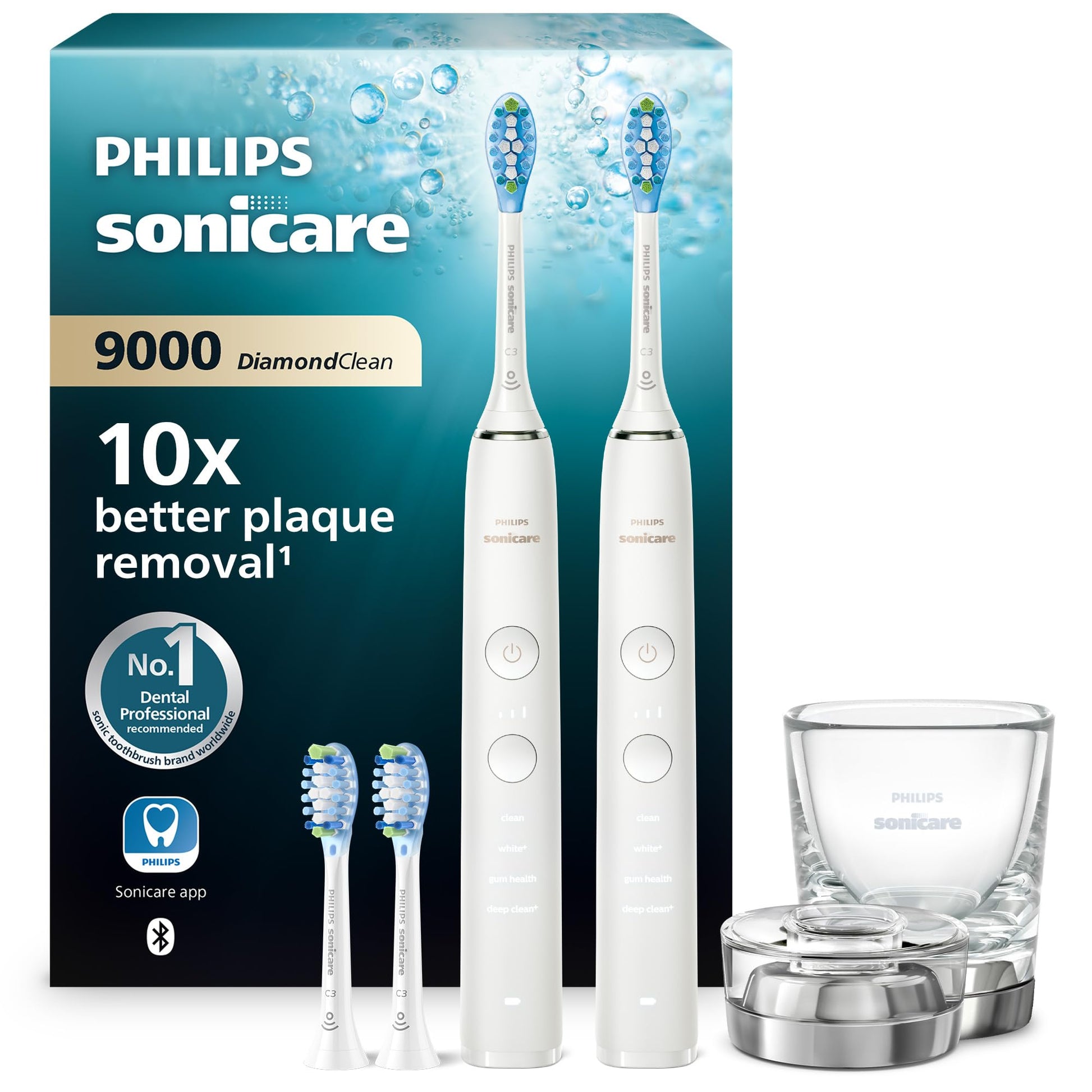 Philips Sonicare DiamondClean 9000 elektriskā zobu birste, divu iepakojums, zobu birste ar skaņas tehnoloģiju, tostarp lietotne, spiediena sensors, 4 tīrīšanas režīmi, 3 intensitātes līmeņi, uzlādes glāze, balta, modelis HX9914/62