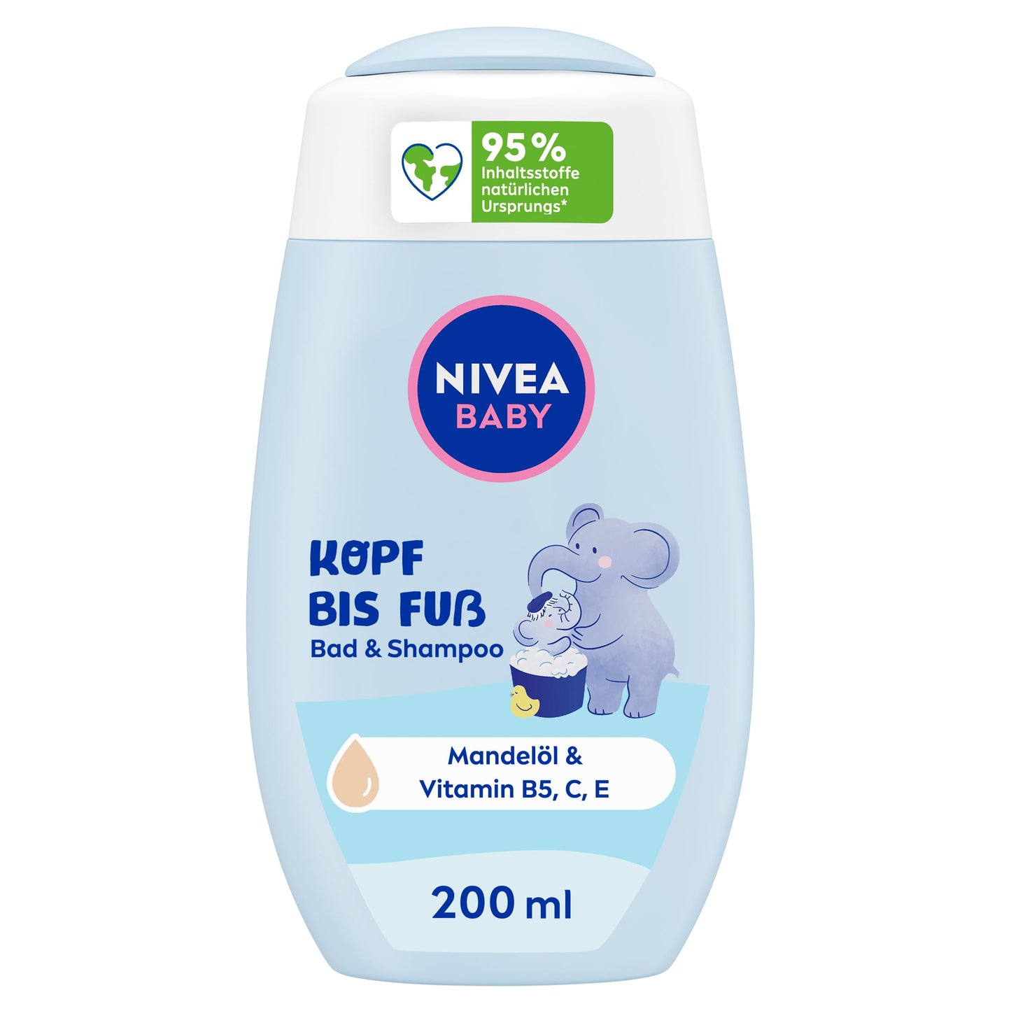 NIVEA BABY galvas līdz kājām vannas līdzeklis un šampūns, maigs vegāns bērnu šampūns ar mandeļu eļļu, nomierinošs dušas gels ar hipoalerģisku formulu bez parabēniem un mikroplastmasas (200 ml)
