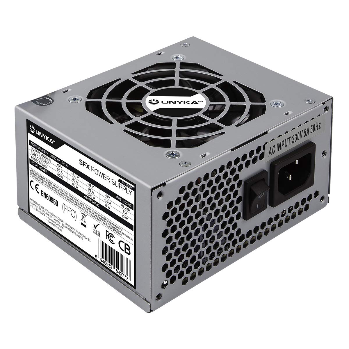 UNYKAch SFX 450W Micro ATX power supply - 80mm fan, ultra-quiet operation, compact design for efficient cooling.
