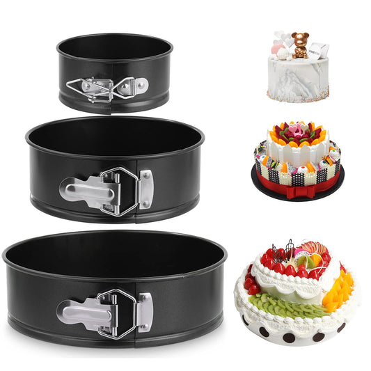 3 atsperu formu komplekts kūkām, apaļas un noņemamas pamatnes formas 11/18/23 cm, oglekļa tērauds, nepiedegošs pārklājums, hermētiskas, melnas