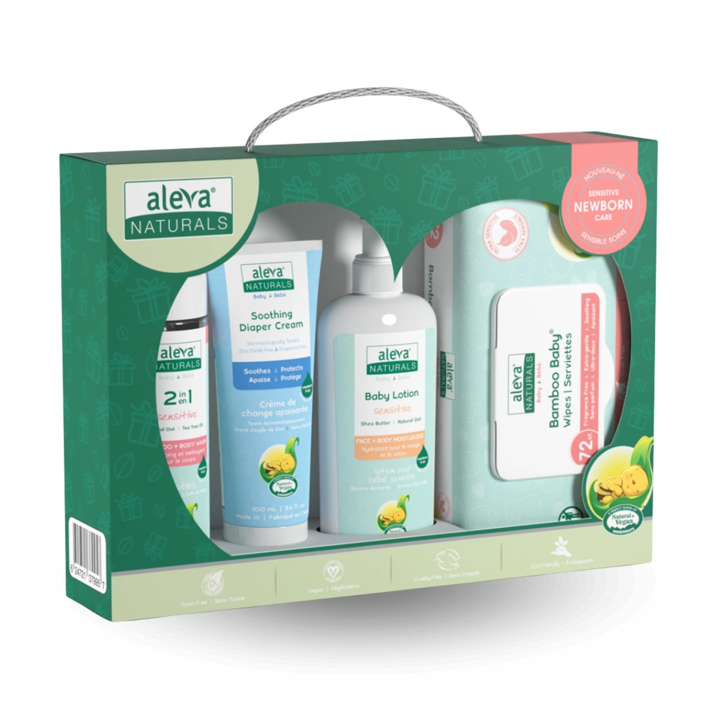 Aleva Naturals jaundzimušā kopšanas komplekts, 100% dabiska kopšana jūsu mazuļa jutīgajai ādai, hipoalerģisks, bez parabēniem un sulfātiem, satur šampūnu, losjonu, autiņbiksīšu krēmu un mitrās salvetes