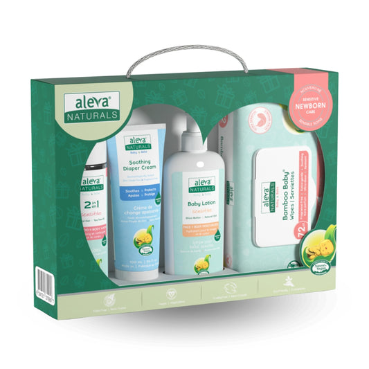 Aleva Naturals jaundzimušā kopšanas komplekts, 100% dabiska kopšana jūsu mazuļa jutīgajai ādai, hipoalerģisks, bez parabēniem un sulfātiem, satur šampūnu, losjonu, autiņbiksīšu krēmu un mitrās salvetes