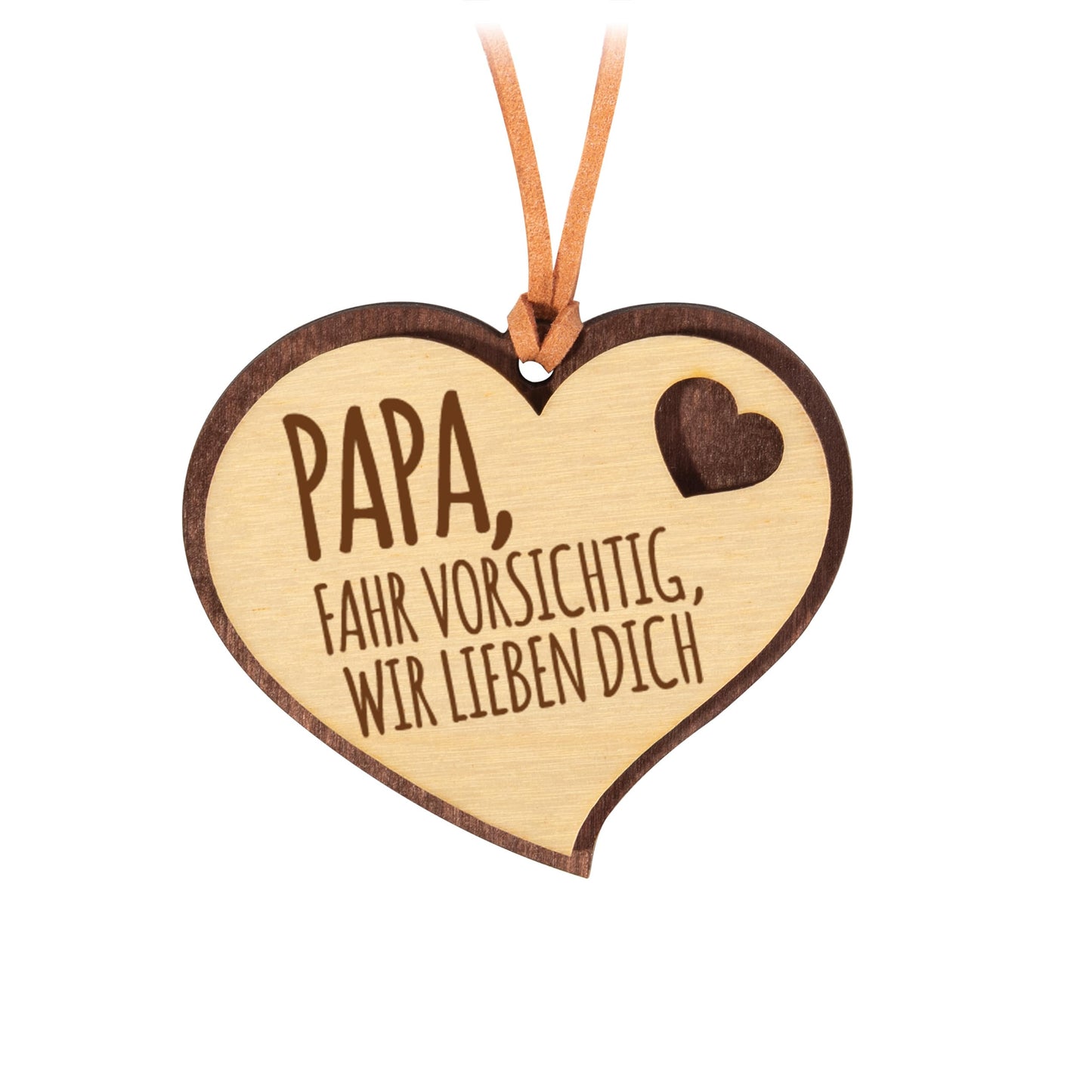 Koka spoguļa piekariņš auto PAPA FAHR VORSICHTIG, WIR LIEBEN Dich, labsajūtas talismans ar ādas siksniņu, retro auto dekors 004