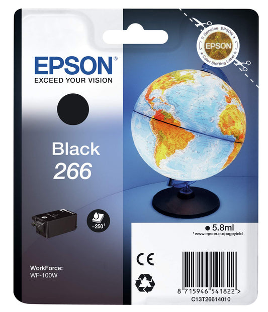 Epson oriģinālā 266 tinte Globus - izturīga melna pigmenta tinte, ūdens un izsmērēšanās noturīga, WF-100W WF-110W.