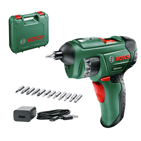 Bosch akumulatora skrūvgriezis PSR Select - 1,5 Ah, 3,6V, Micro USB, amatniecības koferis, kompakts un viegls.