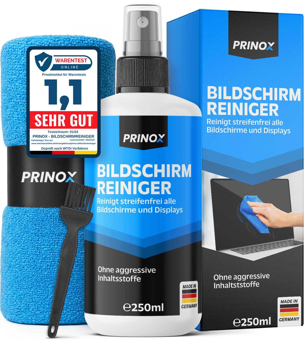 PRINOX XXL ekrānu tīrīšanas komplekts ar mikrošķiedras drānu un otiņu, displeju tīrītājs tālruņiem, datoriem un televizoriem, 250 ml