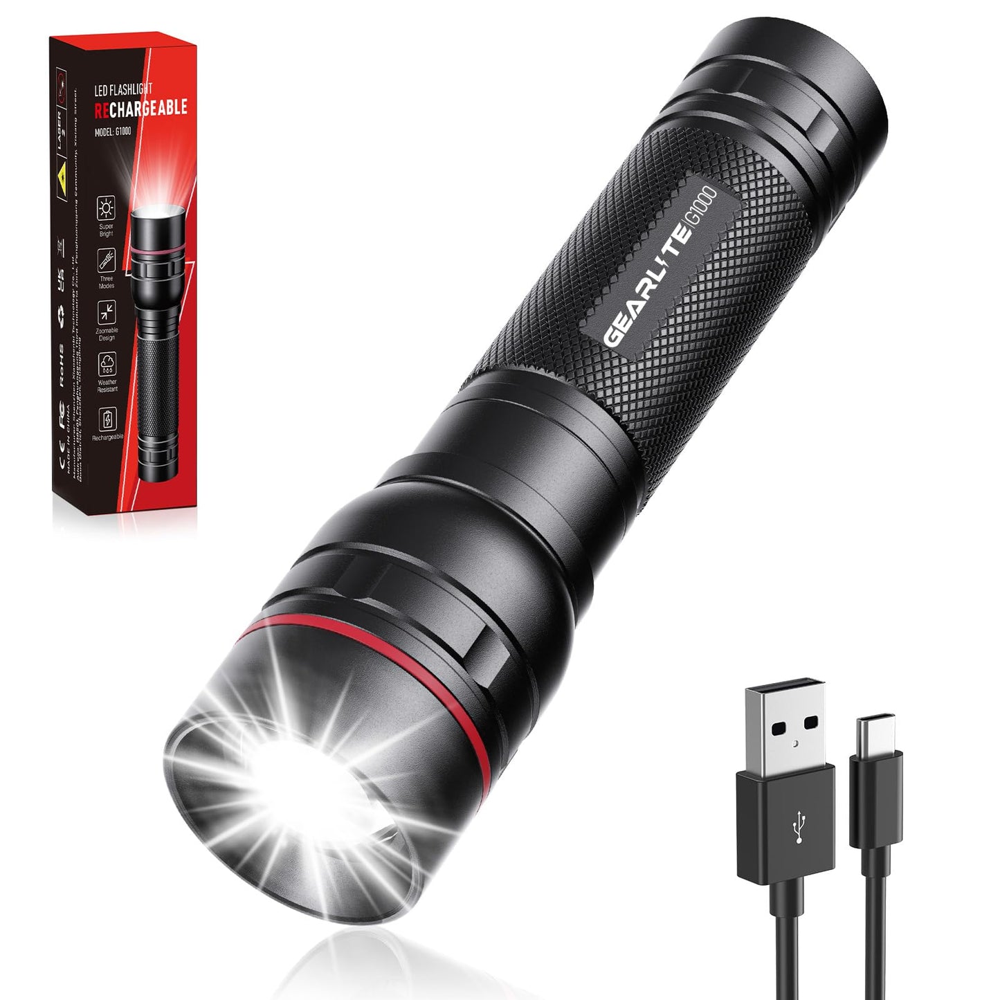 Lukturītis GEARLITE zoombējams LED uzlādējams 2000 lūmeni melns, 1 gab.