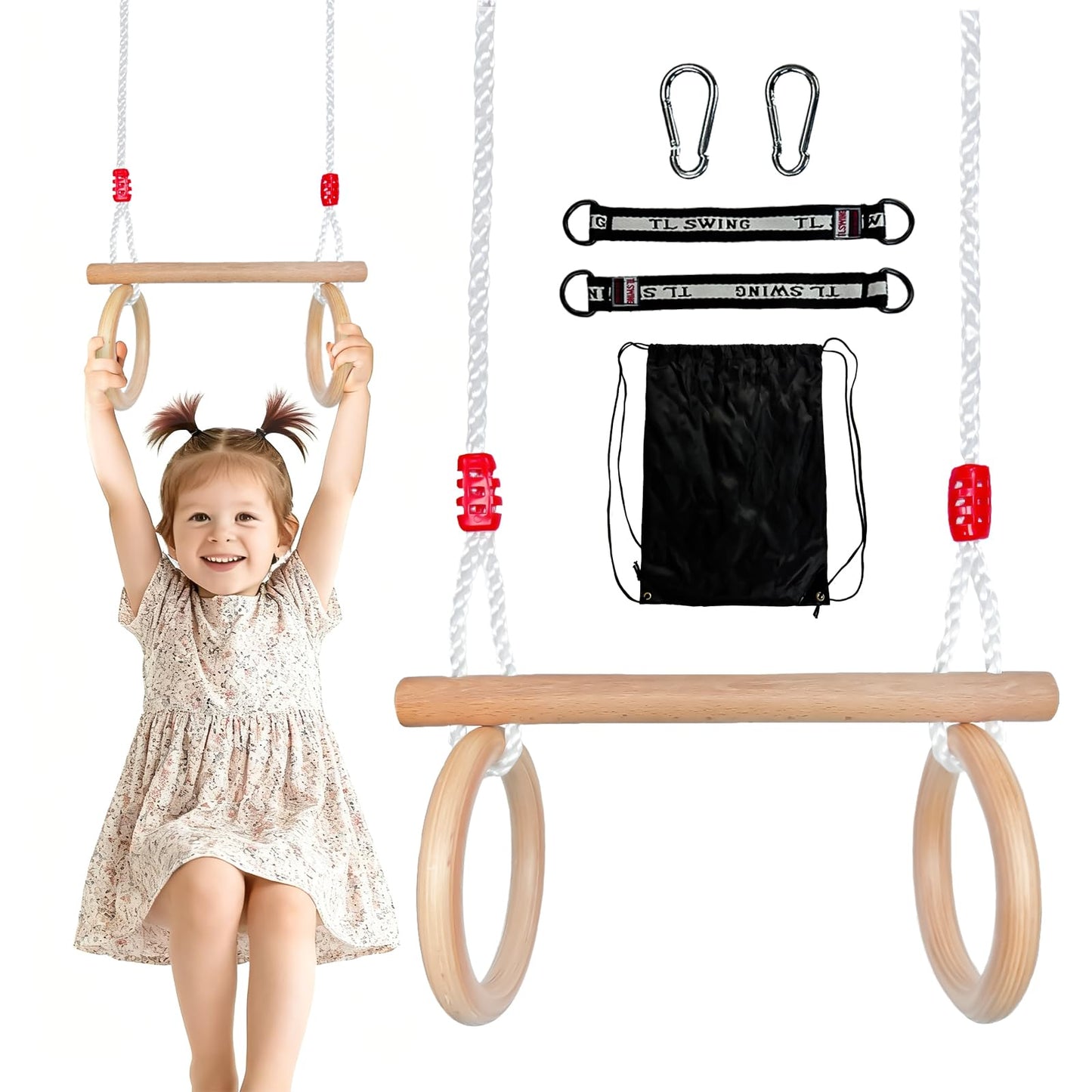 Bērnu trapeces šūpoles ALPIDEX, šūpoles dārzam, vingrošanas riņķi, āra šūpoles no koka, 2 in 1 terapijas šūpoles, maksimālā slodze 100 kg, regulējams virves garums