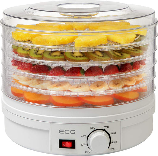 ECG SO 375 250 W augļu, dārzeņu, garšaugu, gaļas un citu pārtikas produktu žāvēšanai, ar piecām nodalījumiem 32 cm, nepārtrauktu temperatūras kontroli 35-70 grādiem pēc Celsija, pārkaršanas aizsardzību, balts