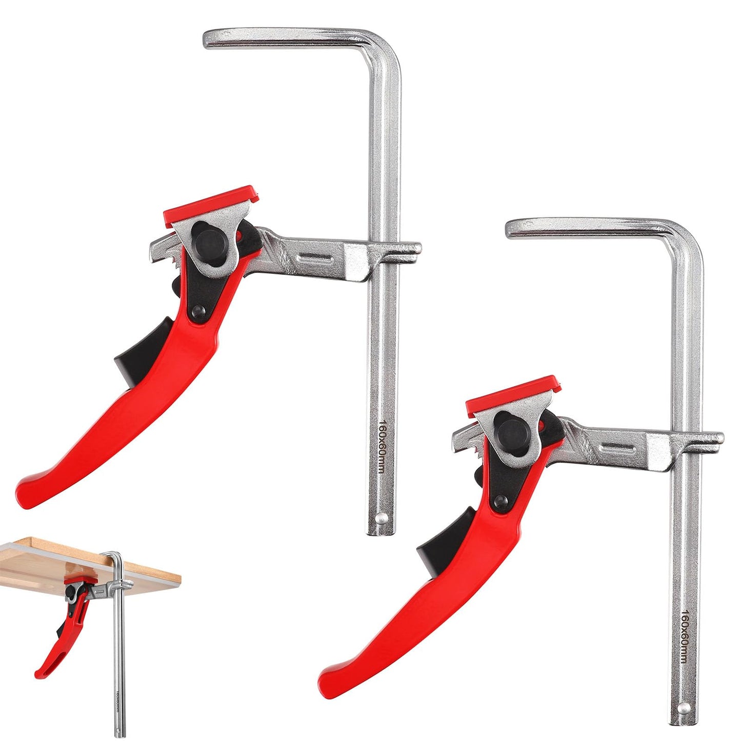 Sviras spaile Vehoukli, 2 gab., pilnībā tērauda galda spaile ar sviras rokturi, ātrās fiksācijas spaile, 160mm ietilpība, 60mm atvērums, slīpēšanai un griešanai