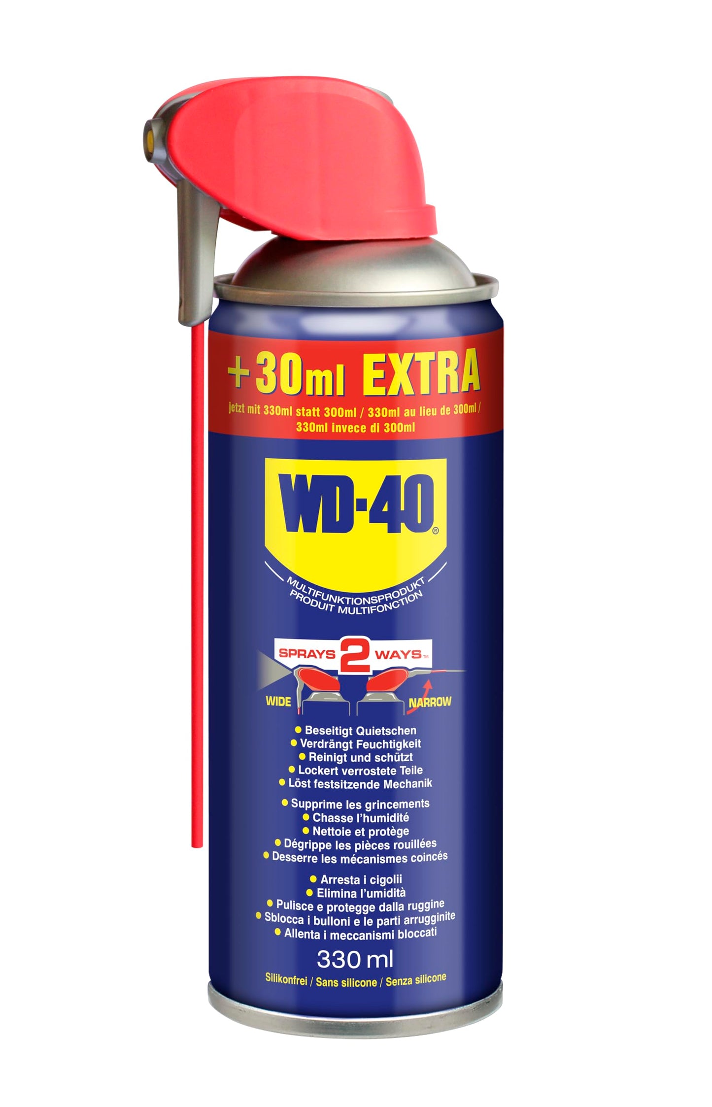 Universālā smērviela WD-40 Multifunctional Product Smart Straw 330ml – precīza izsmidzināšana ar salokāmu caurulīti, atbrīvo iestrēgušus mehānismus un noņem rūsu