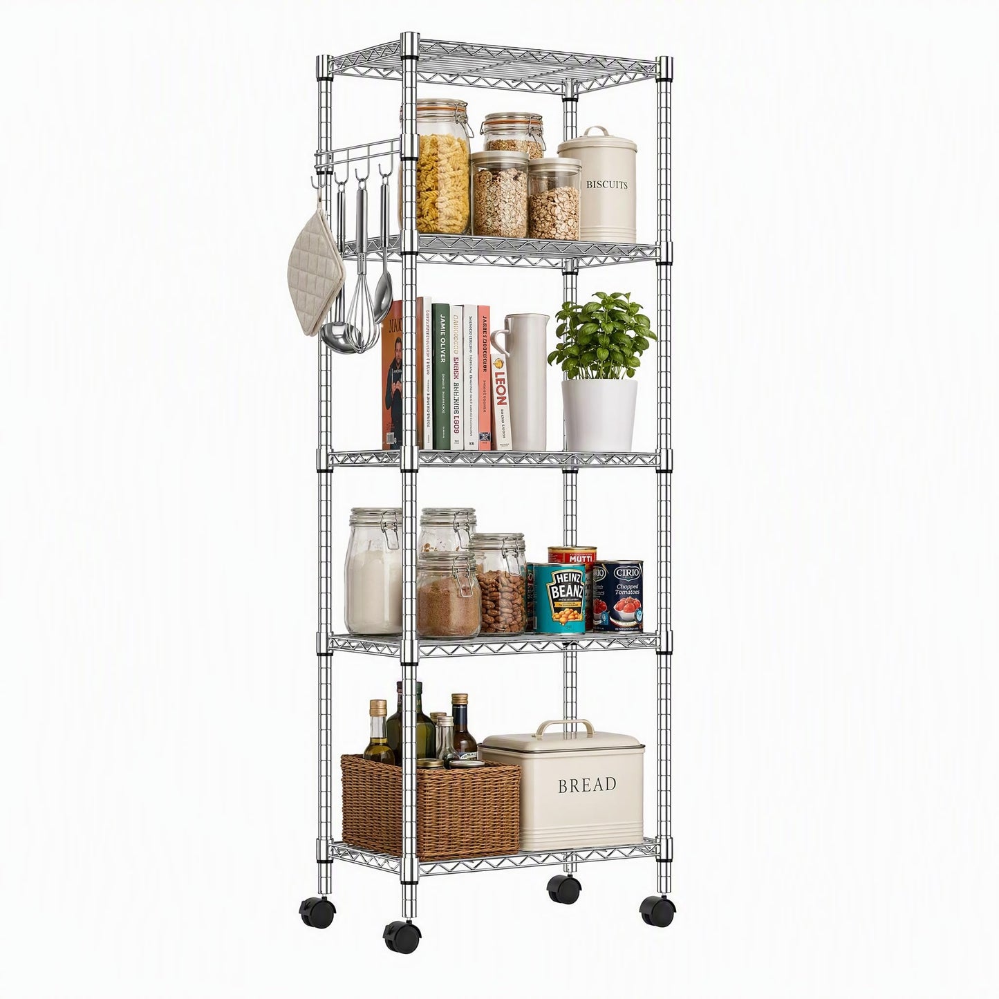 Himimi rullējams metāla plaukts, hromēts, regulējams stiepļu plaukts ar 5 plauktiem, 35T x 59B x 183H cm, sudraba krāsā