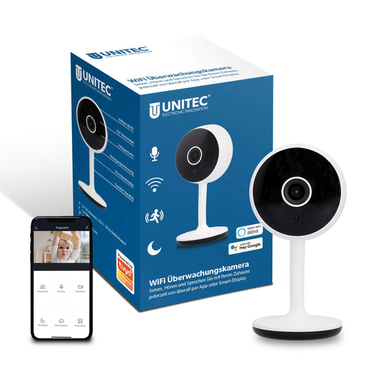 UNITEC WIFI Gudrā uzraudzības kamera, FULL HD video kamera, kustības un skaņas atpazīšana, nakts redzamības funkcija, 1 gabals (1 iepakojums)