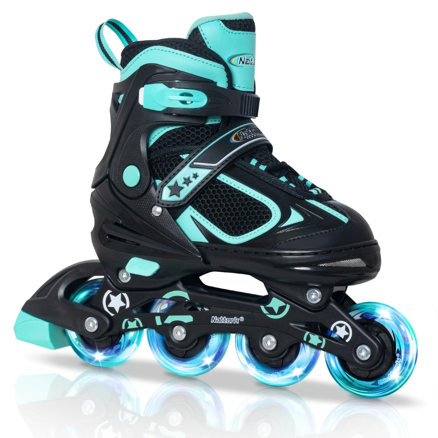 Bērnu inline skrituļslidas Nattork, regulējamas 4 izmēros, ar gaismas ritenīšiem, Teal, M 32-36 EU