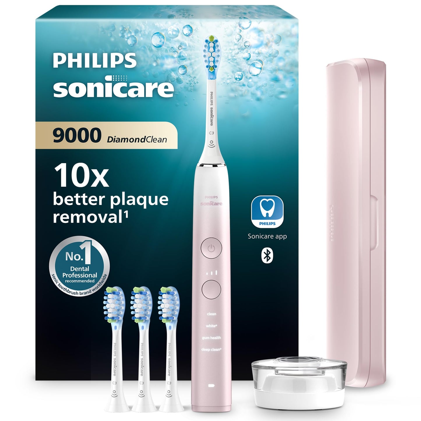 Philips Sonicare DiamondClean 9000 elektriskā zobu birste, īpašā izdevumā – skaņas zobu birste, tīrāki zobi, 4x C3 Premium Plaque Defense zobu birstes galviņas, rozā (modelis HX9911/79)