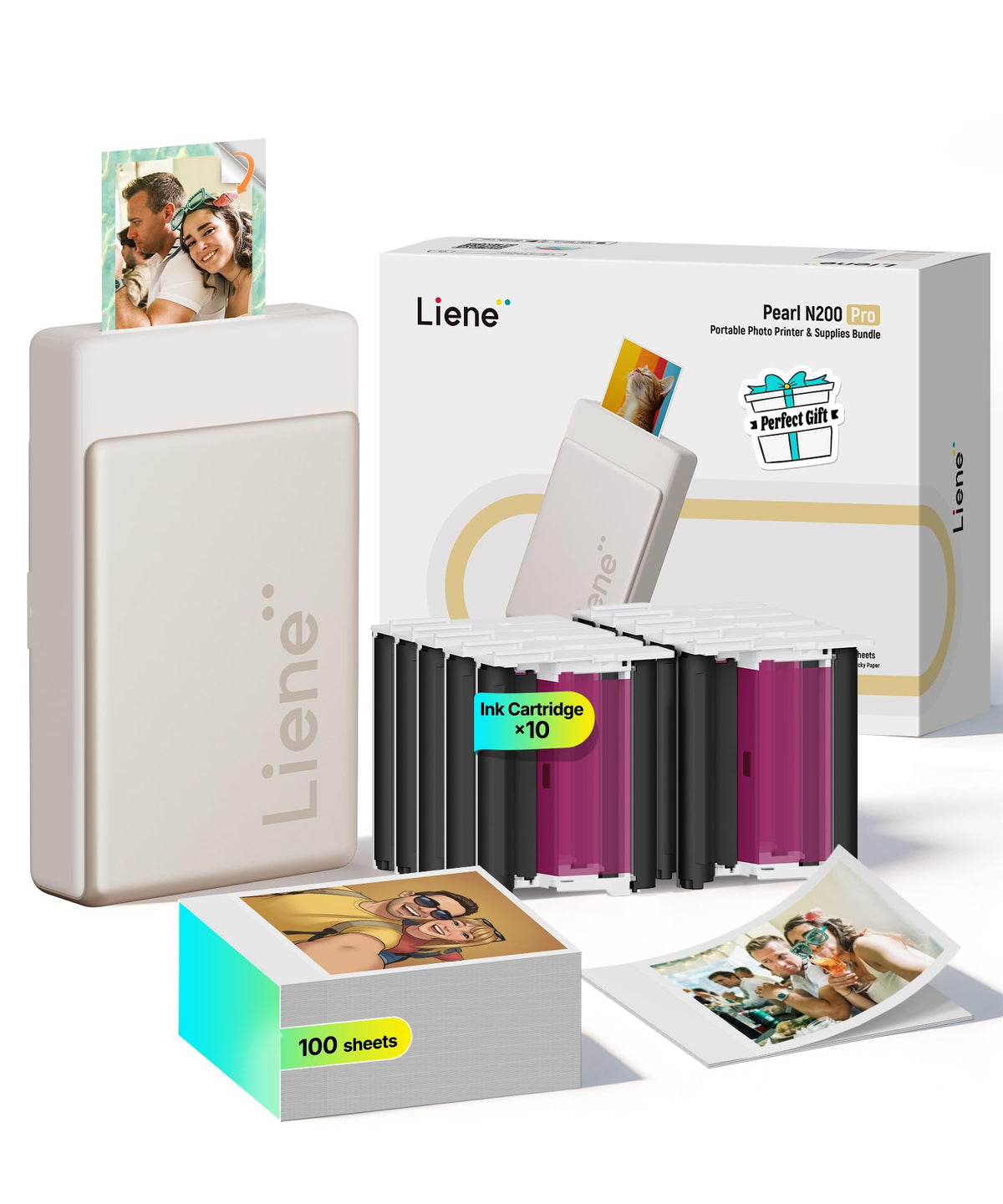Portatīvs mini foto printeris Liene Pearl N200 Pro Plus, krāsu sublimācija, Bluetooth, 300 DPI, momentfoto drukāšana iPhone/Android, akumulators, zelta krāsa