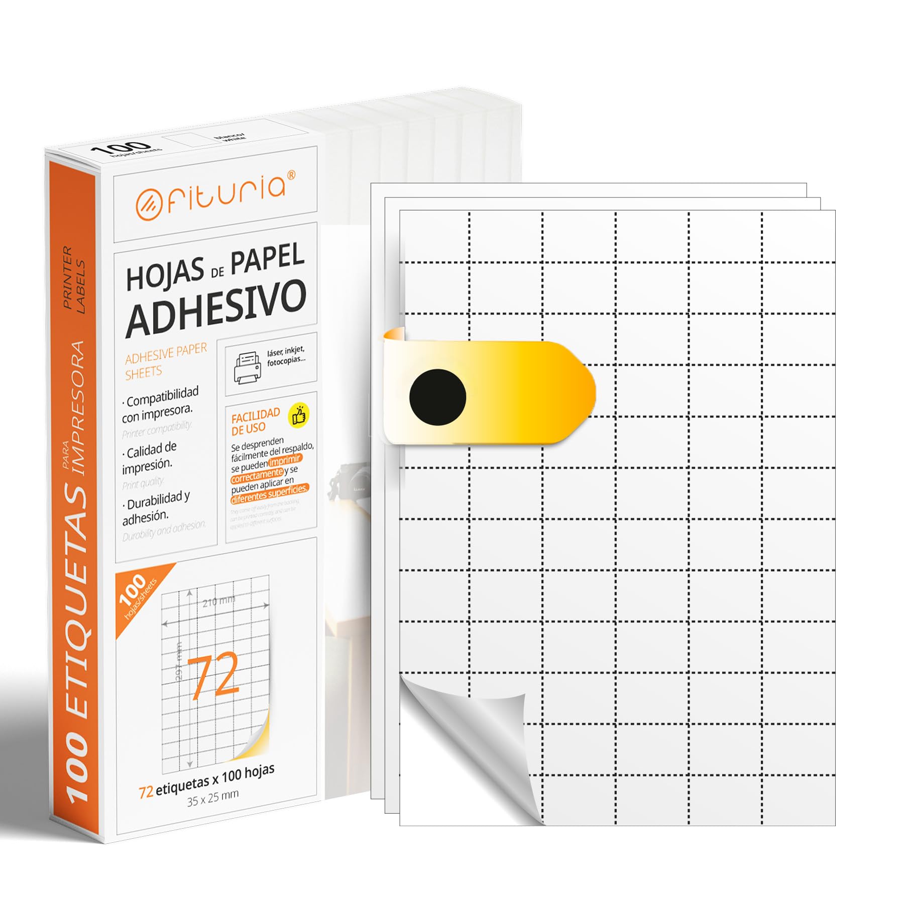 Ofituria A4 pašlīmējošas etiķetes - 72 uz loksnes, 100 loksnes, drošs, individuāls dizains, drukāšanai.