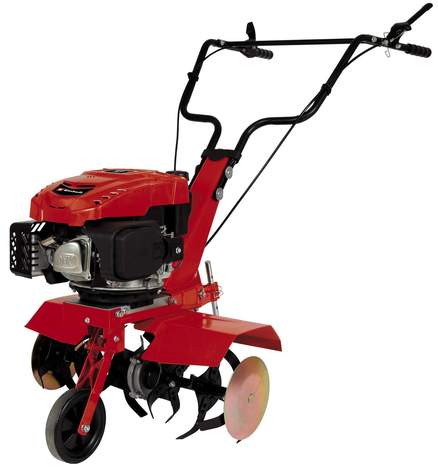 Benzīna augsnes frēze Einhell GC-MT 2560 LD, 2.5 kW, darba dziļums līdz 230 mm, 1 cilindra 4 taktu motors, izturīgi kultivēšanas naži, regulējams bremžu dzelksnis, grozāms transportēšanas ritenis
