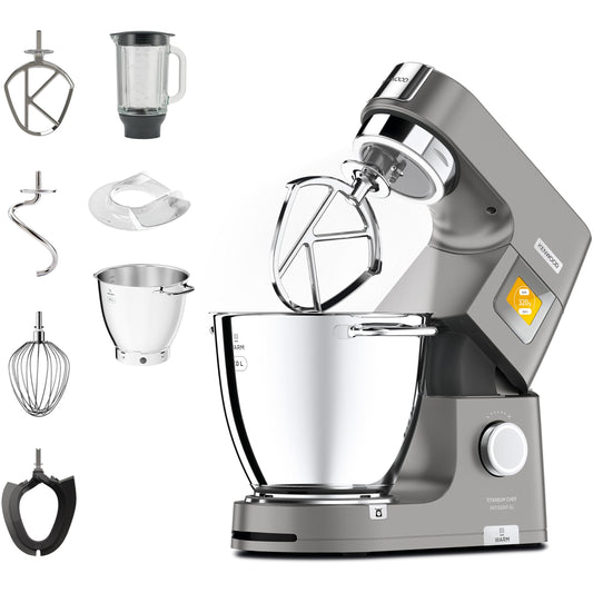 Kenwood Titanium Chef Patissier XL KWL90.034SI – virtuves kombains ar integrētu svaru un 7 L maisīšanas trauku ar siltuma funkciju, 1400 vati, ieskaitot 4 daļu konditorejas komplektu, sudraba krāsā.