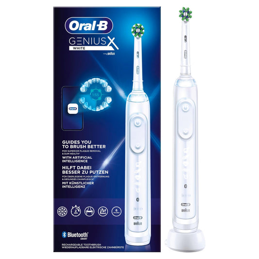 Oral-B Genius X elektriskā zobu birste, 6 tīrīšanas režīmi zobu kopšanai, mākslīgā intelekts un Bluetooth lietotne, dāvana vīrietim/sievietei, izstrādājusi Braun, balta