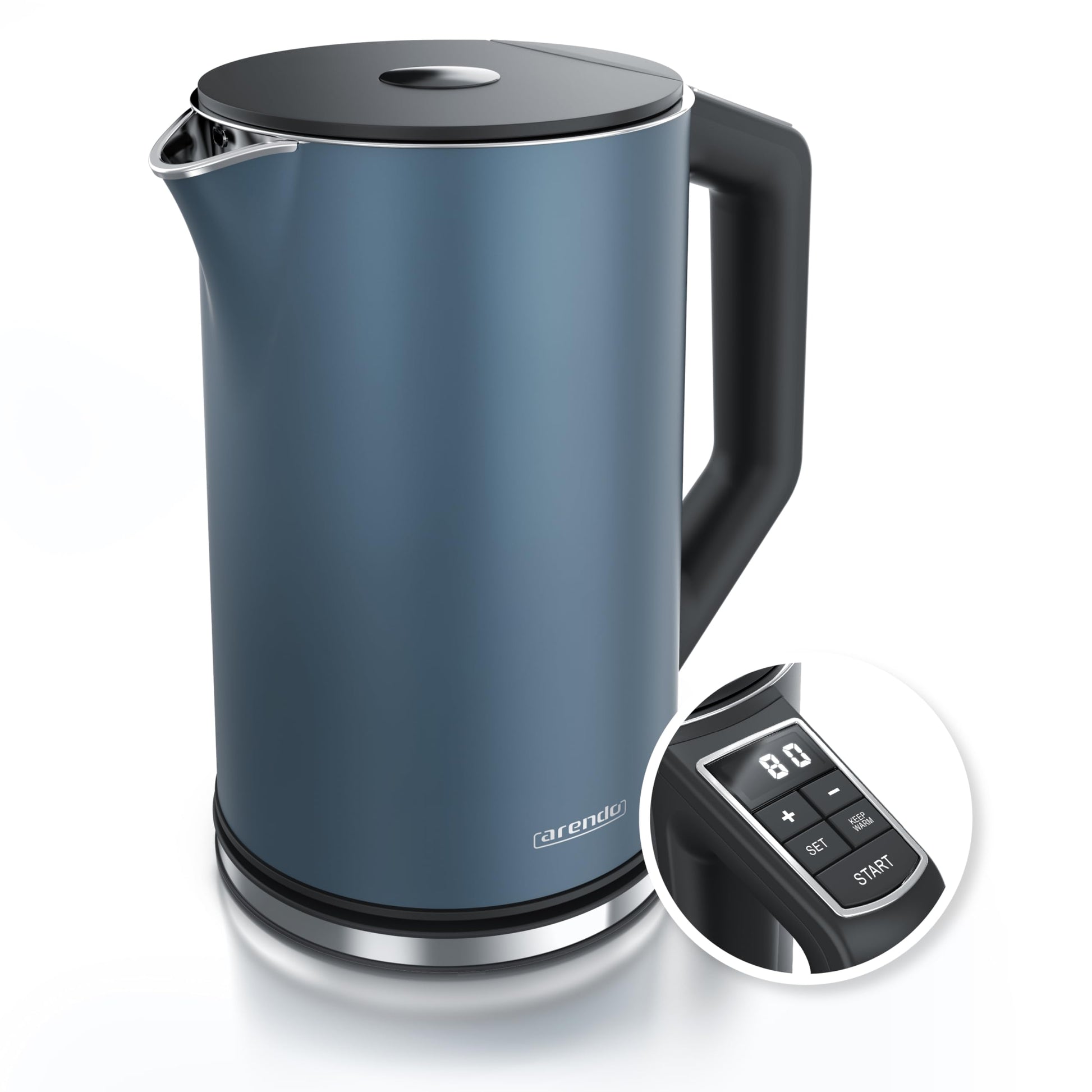 Arendo ūdens vārītājs ELEGANT - nerūsējošais tērauds, temperatūras iestatījums 40-100°C, 1,5L, 2200W, dubultsienu dizains.