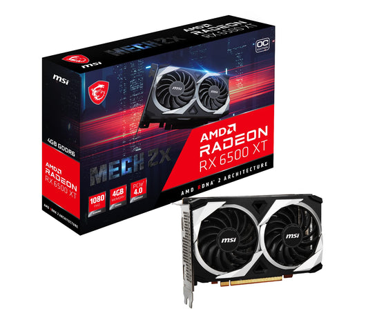 MSI Radeon RX 6500 XT MECH 2X 4G OC - 2685/2825 MHz GPU, 4000MB DDR6 memory, ideal for gaming performance.