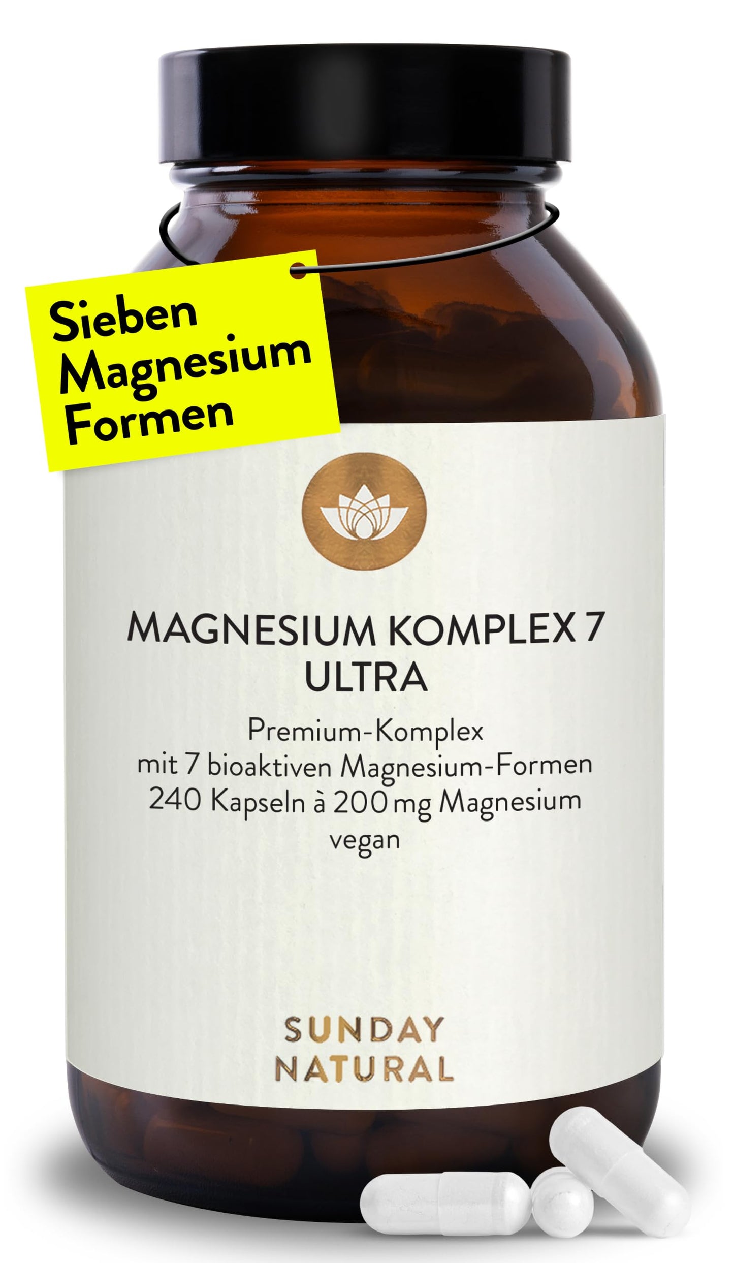 Magnija komplekss SUNDAY NATURAL® – 240 kapsulas, 400mg dienā, no 7 savienojumiem: magnija bisglicināts, citrāts, malāts, laktāts, askorbāts, oksīds, lizīnāts – vegāns, laboratoriski pārbaudīts