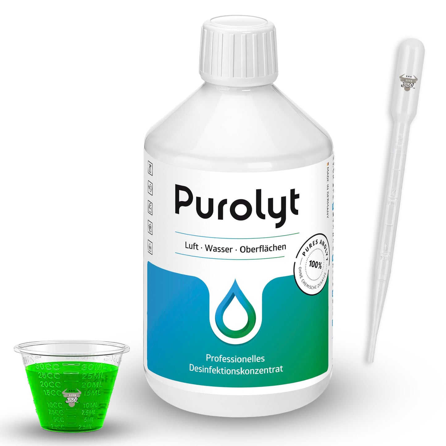 Dezinfekcijas koncentrāts Purolyt 500ml ar pipeti un mērtrauku – ķīmikālijām brīva dezinfekcija gaisam, ūdenim un virsmām