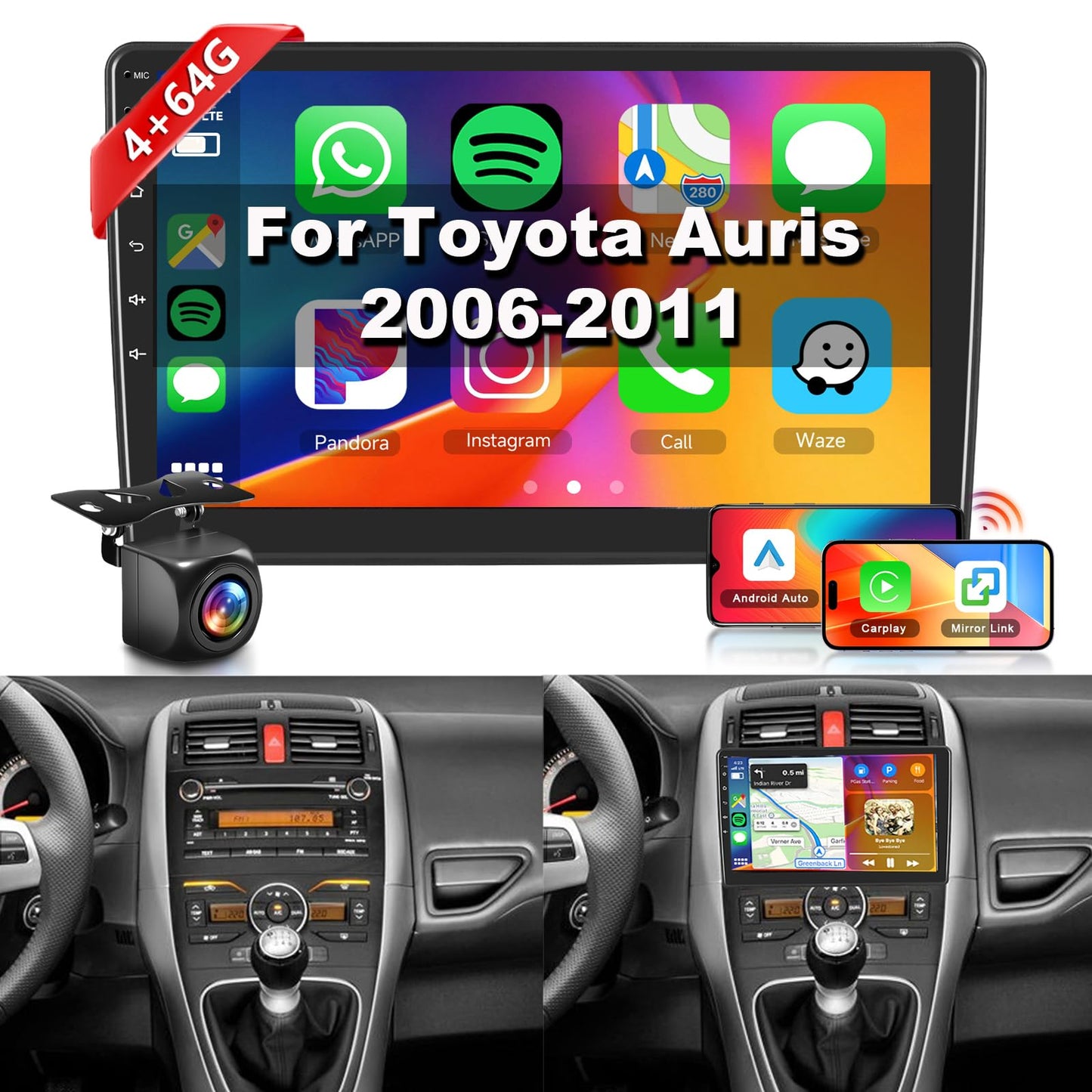 Android automašīnas radio Toyota AURIS 2006–2011, Hodozzy, 4+64G, CarPlay, 10 collu skārienekrāns, Android Auto, WiFi, GPS, RDS/FM, Bluetooth un USB
