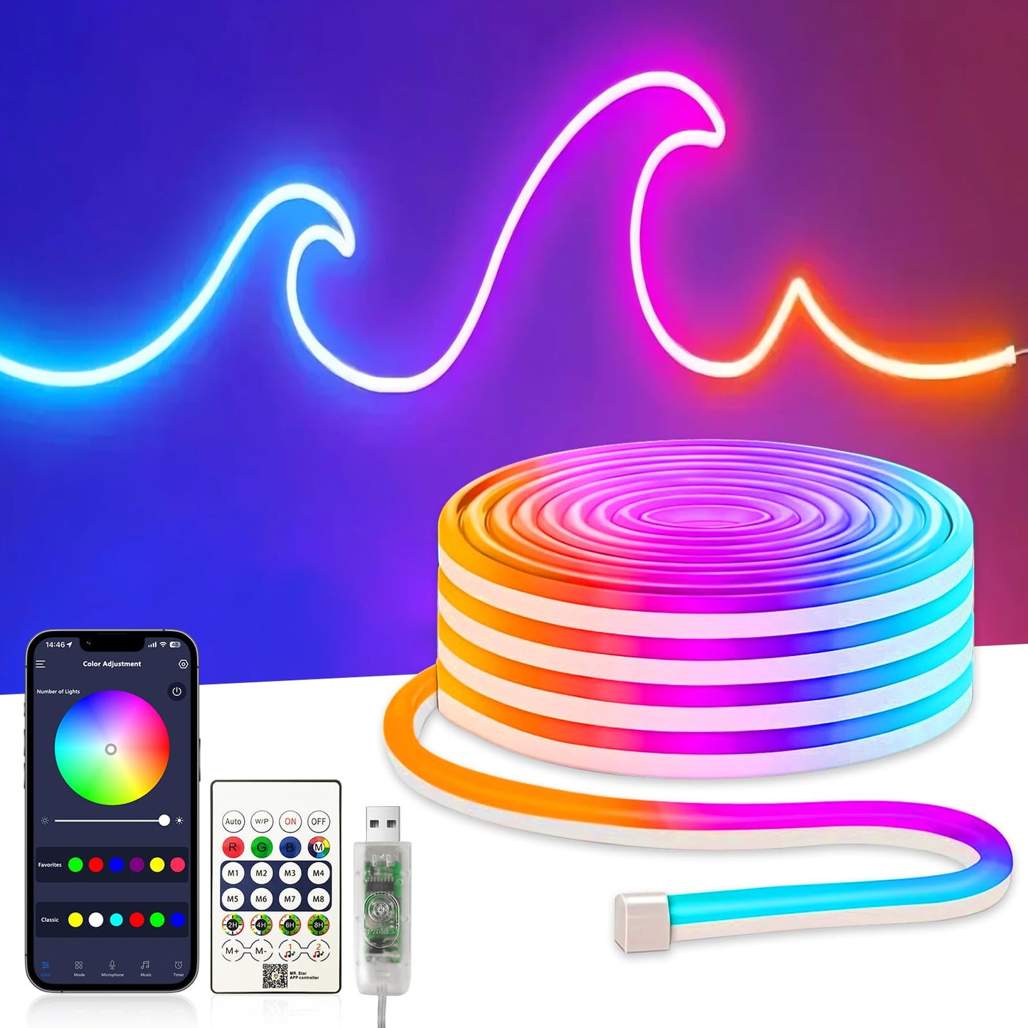ezmyma Neon LED lente 5M, 5v USB RGBIC neon LED strip, elastiska LED lente ar vadību caur lietotni/tālvadību, ūdensizturīga, elastīga, mūzikas sinhronizācija, guļamistabai, virtuvei, viesistabai, ballītēm