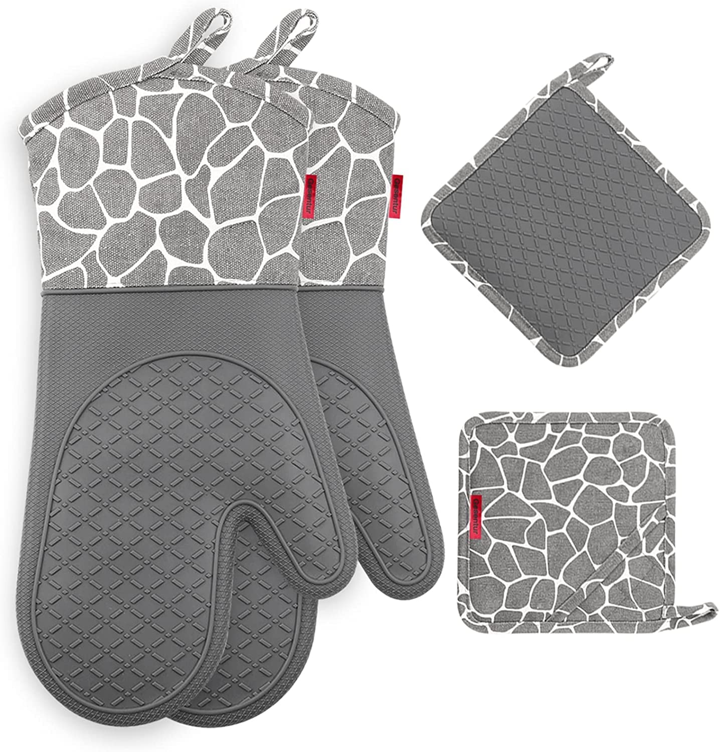 Cepeškrāsns cimds Gesentur, katlu cimdi neslīdoši, karstumizturīgi, silikons un kokvilna, 1 pāris un 2 potholders, pelēki