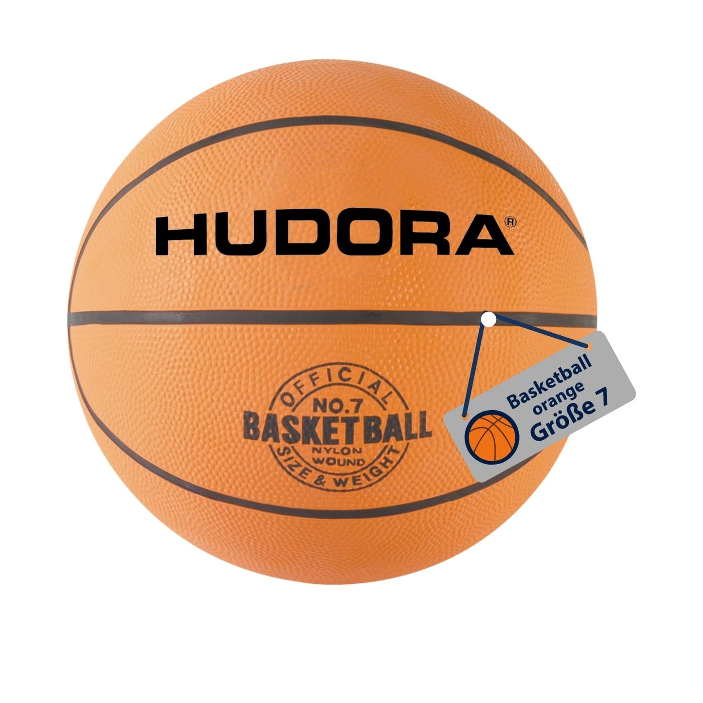 Basketbola bumba HUDORA, 7. izmērs, oranža, nepiepūsta, iekštelpām un āra spēlēm, no dabīgā kaučuka
