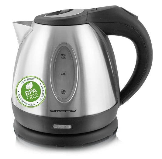 Emerio nerūsējošā tērauda tējkanna - 1,2L, 1500W, bezvadu, BPA nesaturoša, automātiska izslēgšanās, 360° pamatne