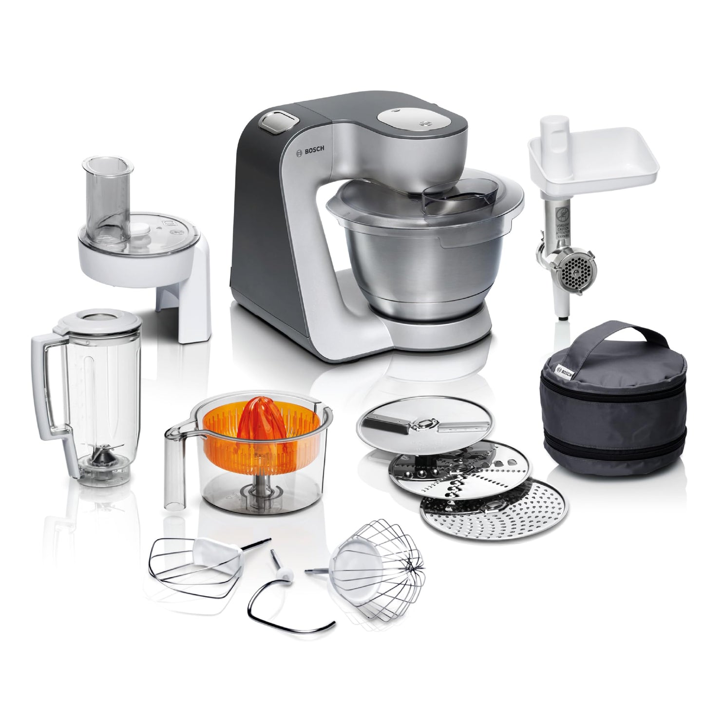 Bosch virtuves mašīna sērija 4 MUM56340, bļoda 3,9 L, mikseris 1,25 L, gaļas maļamā mašīna, citrusaugļu spiede, planētas maisītājs, mīcīšanas āķis, putošanas un maisīšanas slotiņa, caurplūdes griezējs, 3 diski, 900 W, sudraba/pelēka