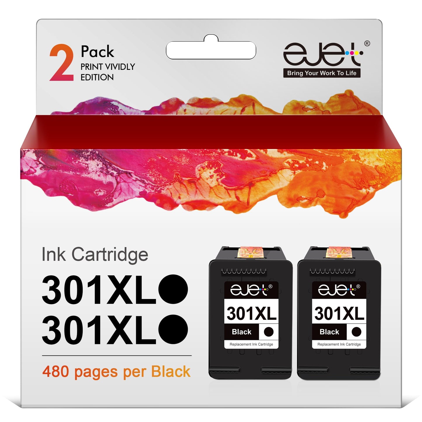 ejet 301XL Black Ink Cartridges - Compatible with HP Deskjet, Officejet, Envy; 2-pack for high-quality printing.