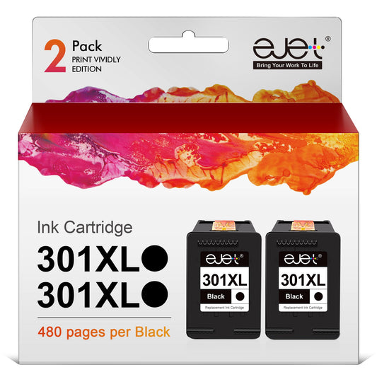 ejet 301XL Black Ink Cartridges - Compatible with HP Deskjet, Officejet, Envy; 2-pack for high-quality printing.